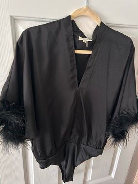 entro Black Satin Feather-Trim Robe Bodysuit